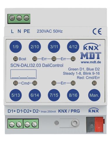 MDT - DaliControl Gateway con controllo HSV, 4SU MDRC, fino a 128 ECG in 32 canali/gruppi di luce